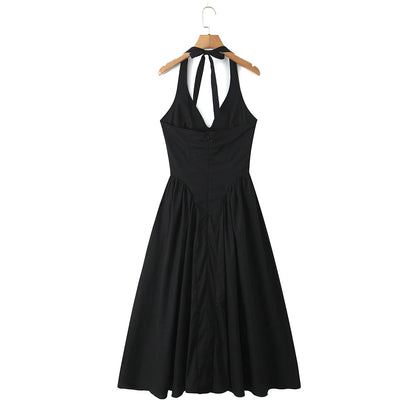 YENKYE Sexy Backless Green Elegant Halter Dress For Women Low Waist A-line Midi Summer Evening Party Dresses Cotton Robe