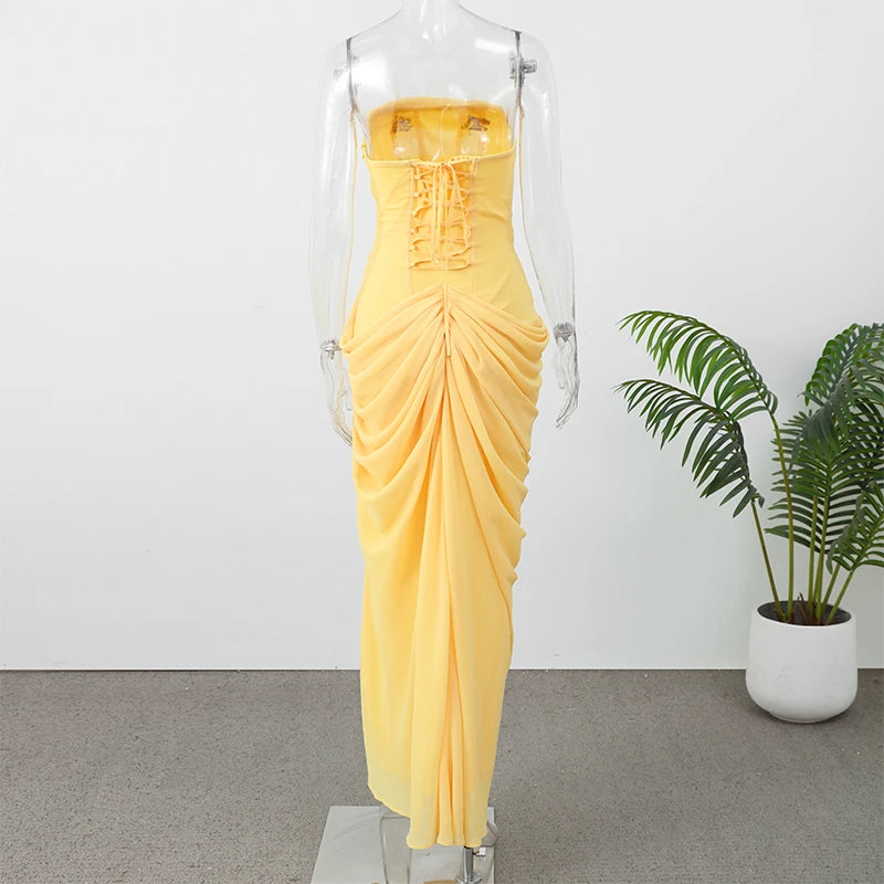 Yellow Strapless Pleated Women Split Maxi Dress Elegant Sleeveless Waist Cinching Slim Fit Dresses 2026 Lady Daily Party Gowns