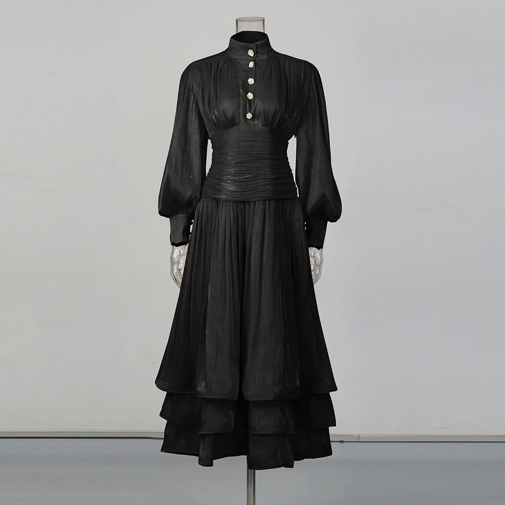 TWOTWINSTYLE Solid Spliced Ruffles Folds Elegant Dresses for Women Stand Neck Long Sleevs Tunic Temperament Dress Female Fashion