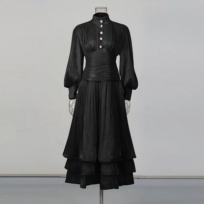 TWOTWINSTYLE Solid Spliced Ruffles Folds Elegant Dresses for Women Stand Neck Long Sleevs Tunic Temperament Dress Female Fashion