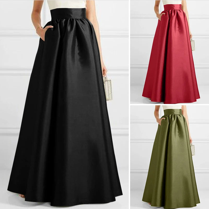 ZANZEA Women Satin Silk Black Maxi Long Skirts Elegant Luxury High Waisted A-Line Party Jupe Femme with Back Zipper Faldas Mujer