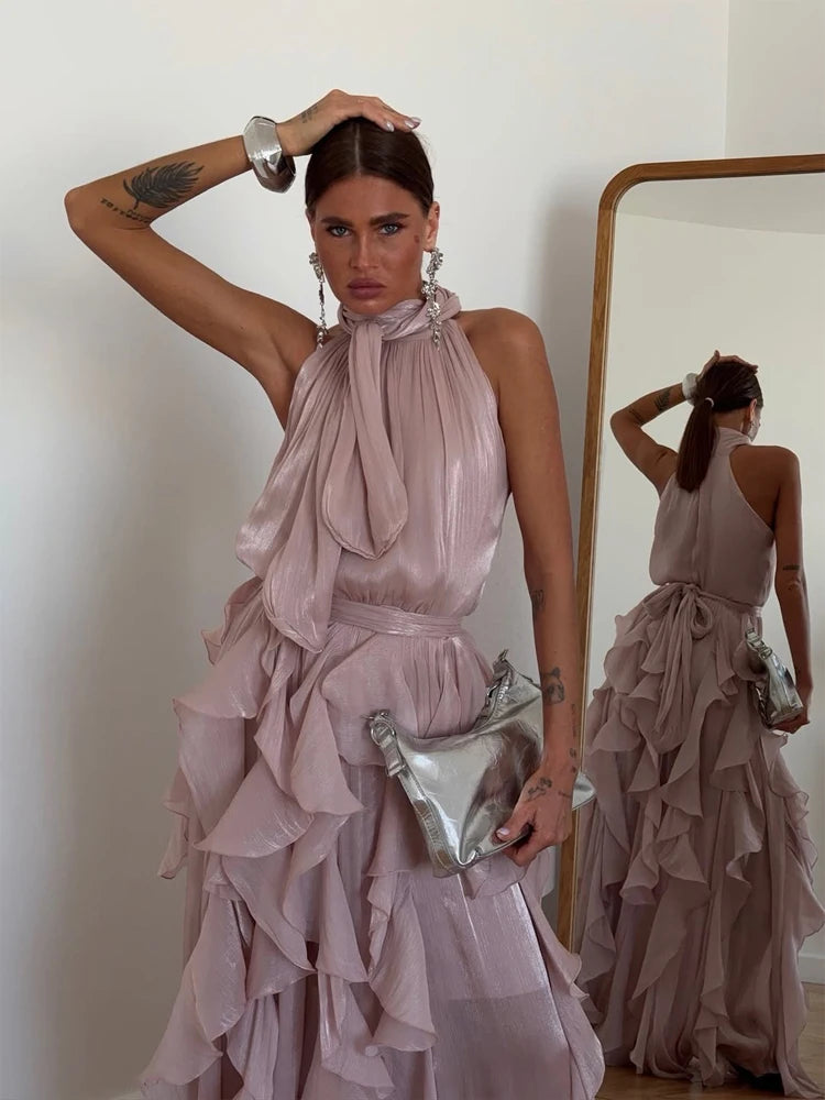 Women Solid Halter Neck Ruffle Long Dress Elegant Sleeveless Chiffon Tiered Waist Cinching Maxi Dresses 2026 New Street Vestidos