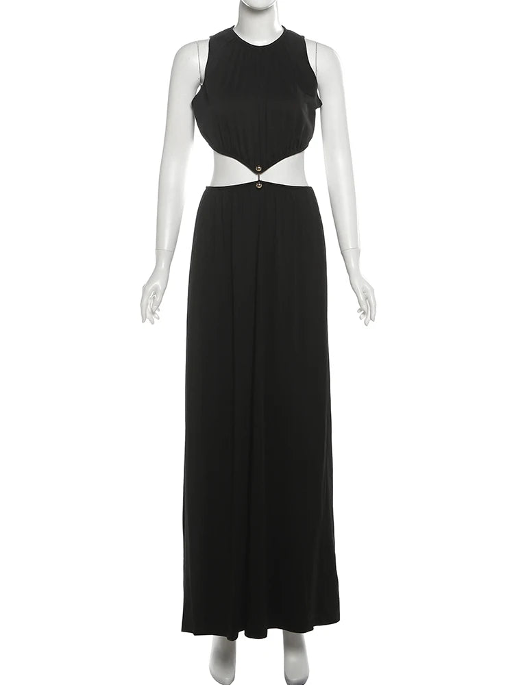 kliou Shirring Waistless Women Maxi Dresses Hipster Simple Sleeveless Splice O-neck Sheath Straight Robe Female Evening Frock