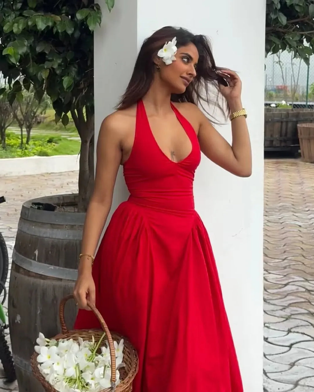 YENKYE Sexy Backless Green Elegant Halter Dress For Women Low Waist A-line Midi Summer Evening Party Dresses Cotton Robe