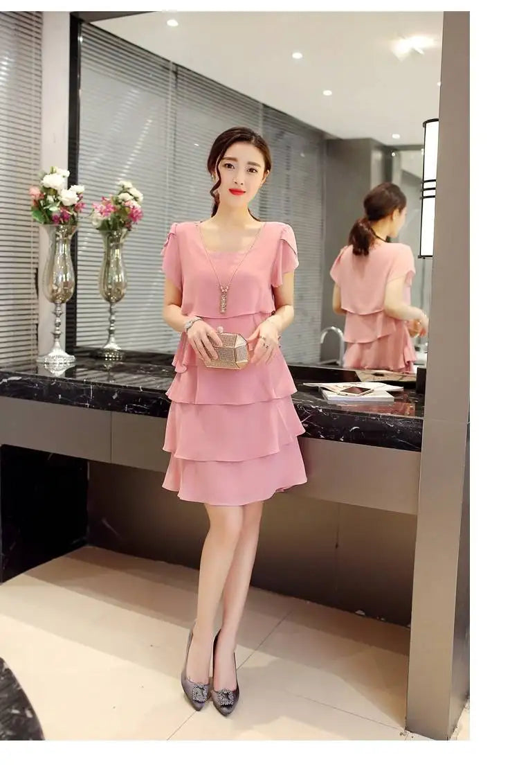 2026 Dress For Women Summer Wave Cut Ruffle Sweet Solid Short Sleeve Slim Dresses Lady Casual All-match Vestido O-Neck Chiffon
