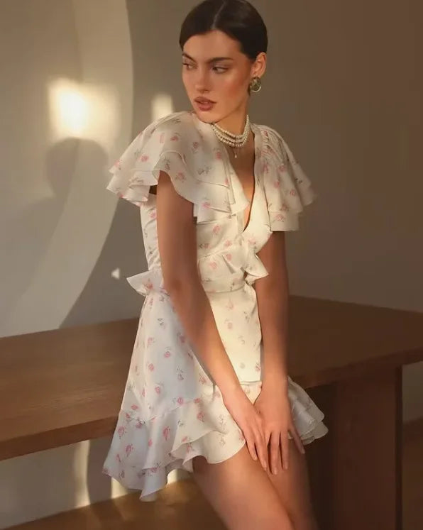 Floral Print V-neck Cinched Waist Dress Women Chic Layered Ruffle Hem Short Sleeved High-waist Dresses 2026 New Street Vestidos