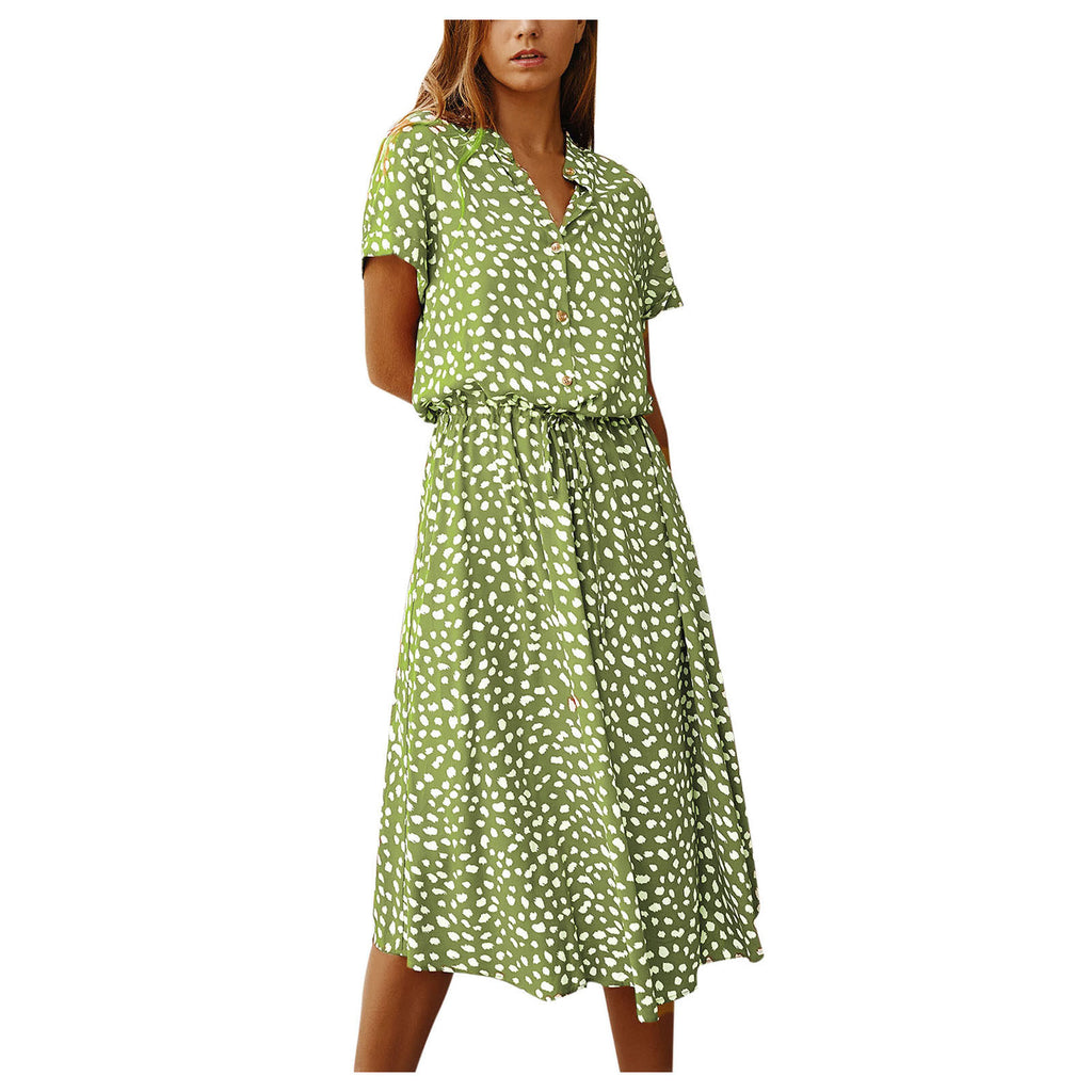 Summer Dresses Women Summer Polka Dot Printing Dresses With Buttons Short Sleeves Drawstring High Waist Dress Vestidos 2023