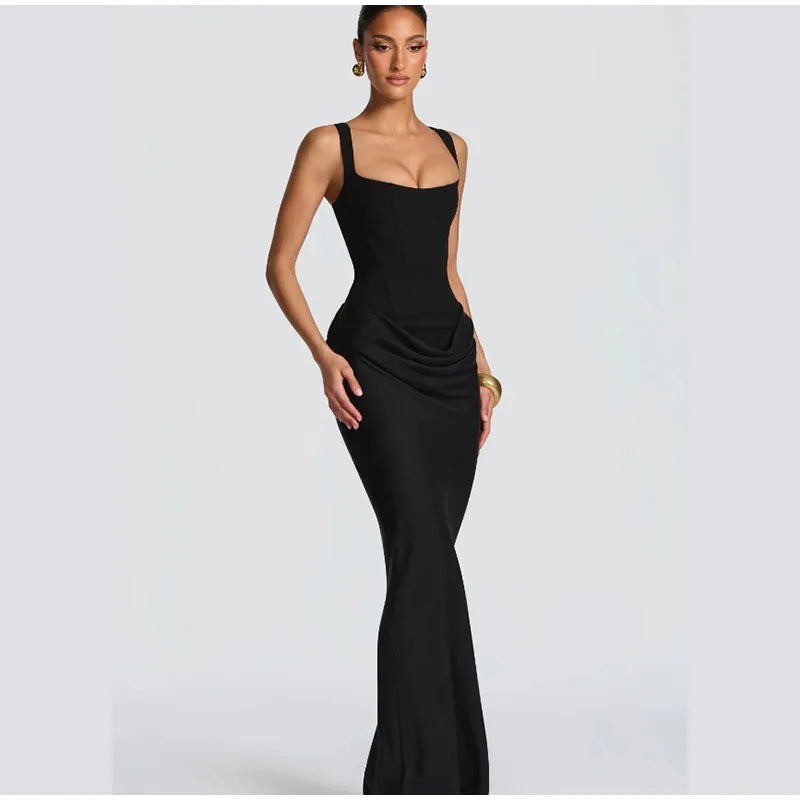 Yellow Strapless Pleated Women Split Maxi Dress Elegant Sleeveless Waist Cinching Slim Fit Dresses 2026 Lady Daily Party Gowns