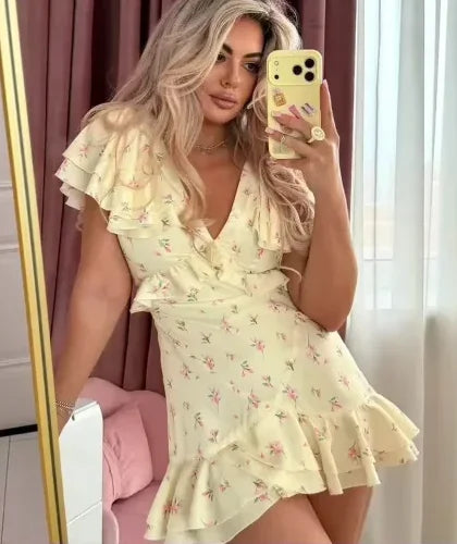 Floral Print V-neck Cinched Waist Dress Women Chic Layered Ruffle Hem Short Sleeved High-waist Dresses 2026 New Street Vestidos