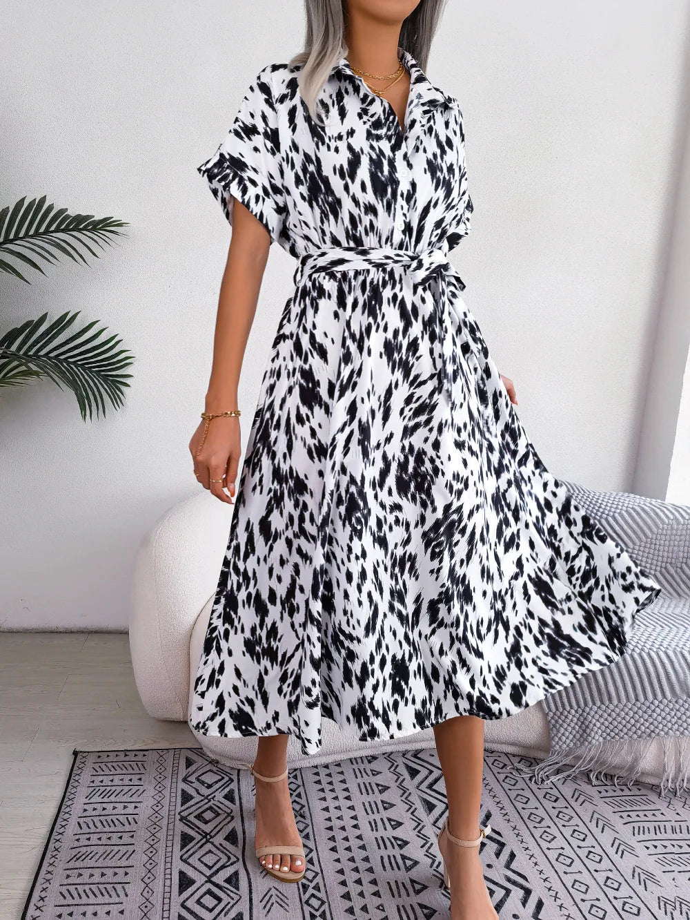Ficusrong Women Summer Casual Loose Leopard Lace Up Shirt Dress For Ladies Fashion All Match Chic Dresses