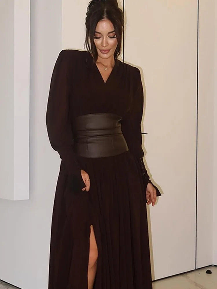 Vintage Nipped Waisted Long Sleeved A-line Dress Elegant V Neck Split Long Dresses 2024 Women Loose Vintage Party Long Dresses