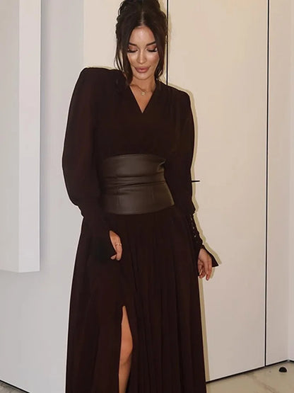 Vintage Nipped Waisted Long Sleeved A-line Dress Elegant V Neck Split Long Dresses 2024 Women Loose Vintage Party Long Dresses