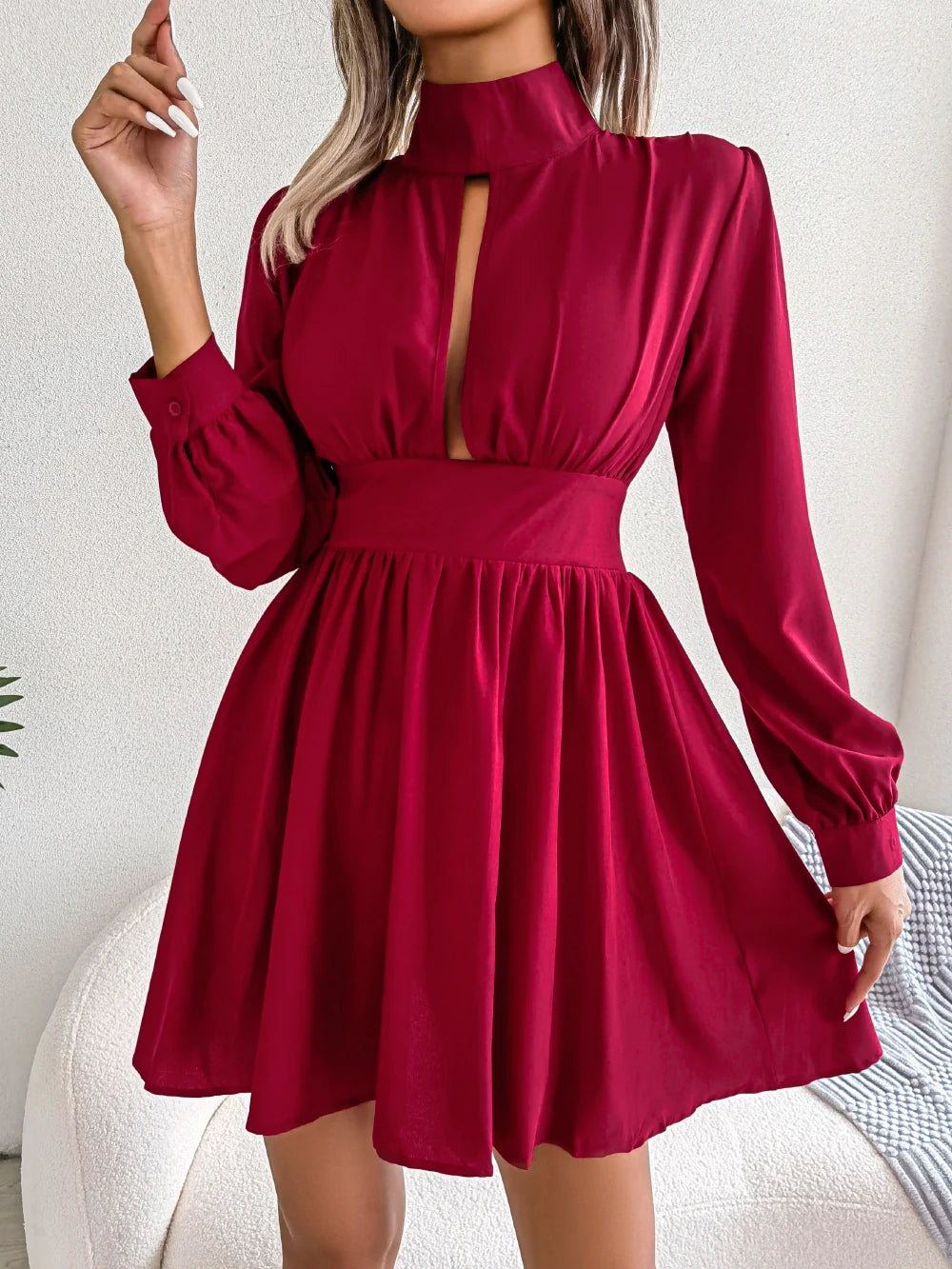 Women Autumn Casual Solid Hollow Out Long Sleeve A Line Dress 2026 Fashion Elegant Dresses Red Black White Sexy Woman Clothing