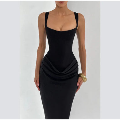 Women Brown Square-neck Pleated Sling Maxi Dress Sexy Sleeveless Off-shoulder Waist Cinching Slim Dresses Evening Party Gown