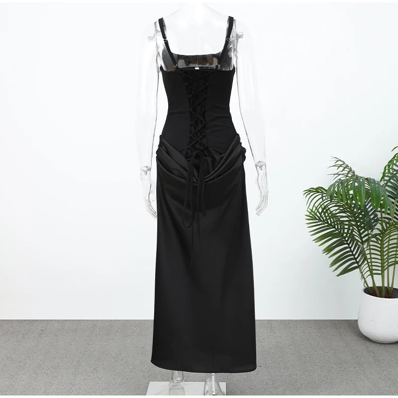 Solid Pleated Sling Dress Square Neck Sleeveless Off-shoulder Waist Cinching Slim Women Dresses Fashion Evening Party Gowns 2025