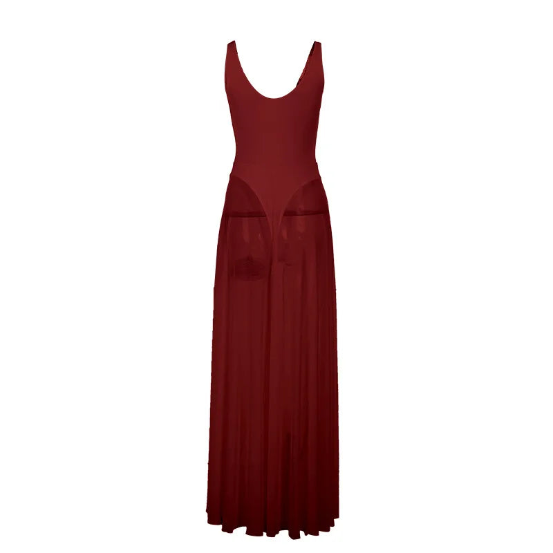 DGLUKE Transparent Mesh Maxi Dress With Bodysuit Plunging Backless Long Summer Dress Women Sexy Beach Party Dresses