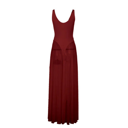 DGLUKE Transparent Mesh Maxi Dress With Bodysuit Plunging Backless Long Summer Dress Women Sexy Beach Party Dresses