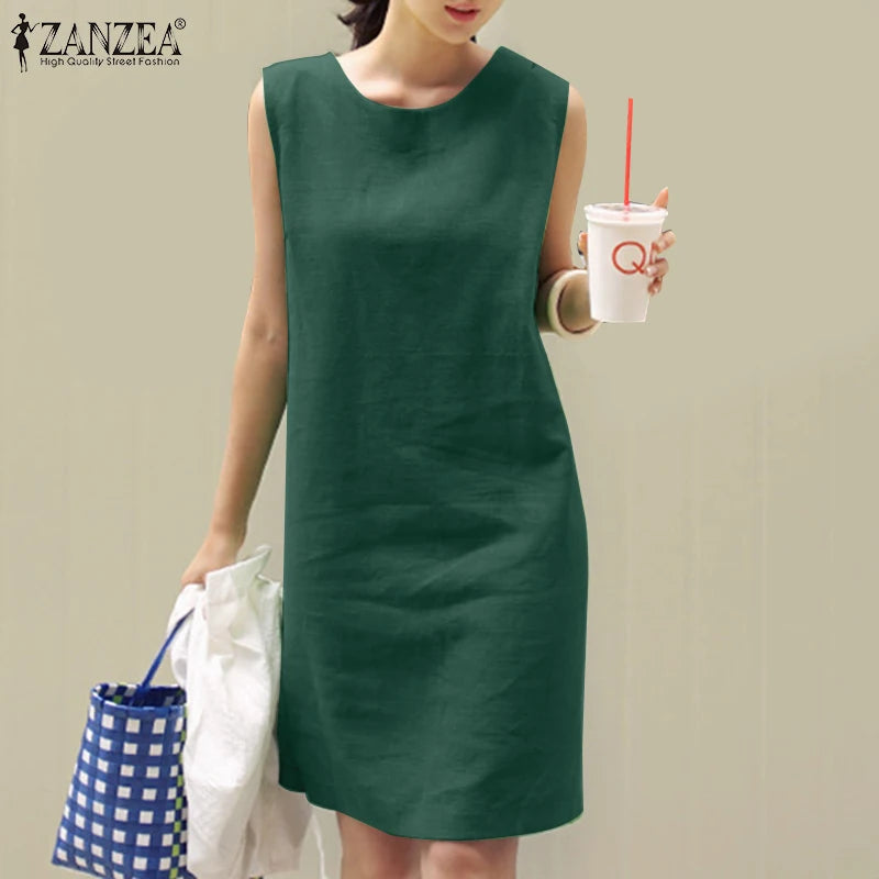 2024 Summer Dress ZANZEA Fashion Sleeveless Beach Vestidos Office Work Sundress Women Elegant Solid Color Dresses Robe Femme