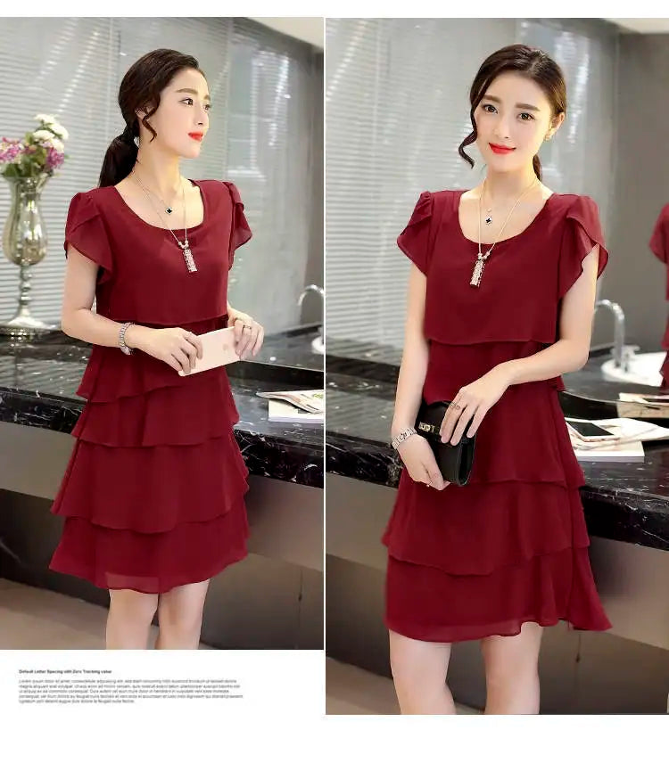 2026 Dress For Women Summer Wave Cut Ruffle Sweet Solid Short Sleeve Slim Dresses Lady Casual All-match Vestido O-Neck Chiffon