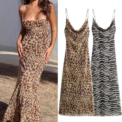 MUJER Leopard Print Tulle Slip Dress Woman Backless Summer Long Dresses For Women Vintage Sexy Party Dresses Midi Holiday Dress