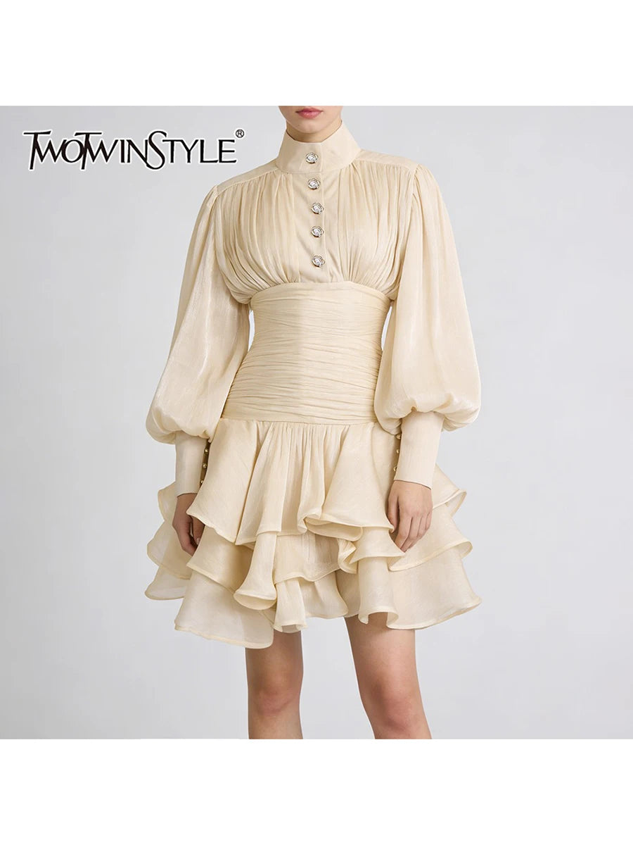 TWOTWINSTYLE Solid Spliced Ruffles Folds Elegant Dresses for Women Stand Neck Long Sleevs Tunic Temperament Dress Female Fashion