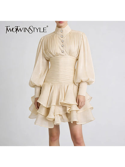 TWOTWINSTYLE Solid Spliced Ruffles Folds Elegant Dresses for Women Stand Neck Long Sleevs Tunic Temperament Dress Female Fashion