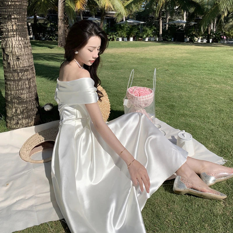 Horetong Bow Slash Neck Sexy Dress Summer Women White Fairy Elegant A-Line Midi Dresses Female Party Prom Clothes Vestdios