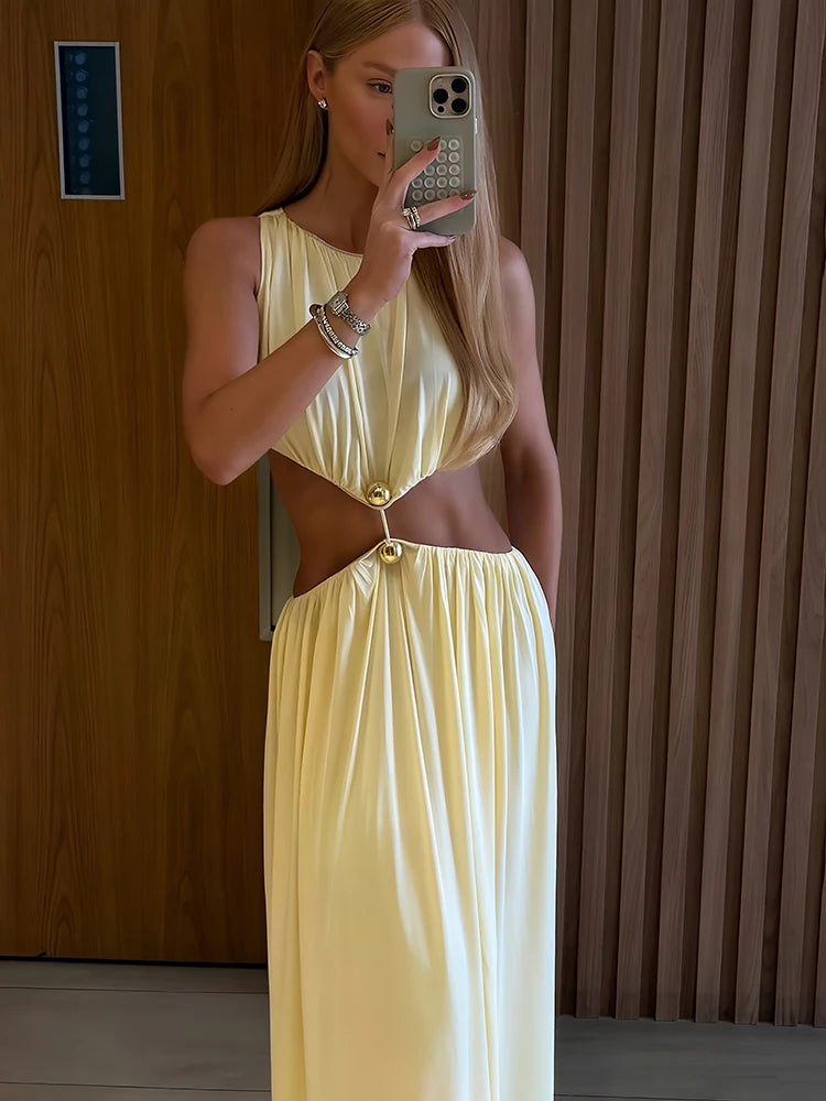 kliou Shirring Waistless Women Maxi Dresses Hipster Simple Sleeveless Splice O-neck Sheath Straight Robe Female Evening Frock