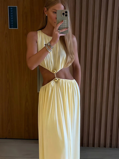 kliou Shirring Waistless Women Maxi Dresses Hipster Simple Sleeveless Splice O-neck Sheath Straight Robe Female Evening Frock