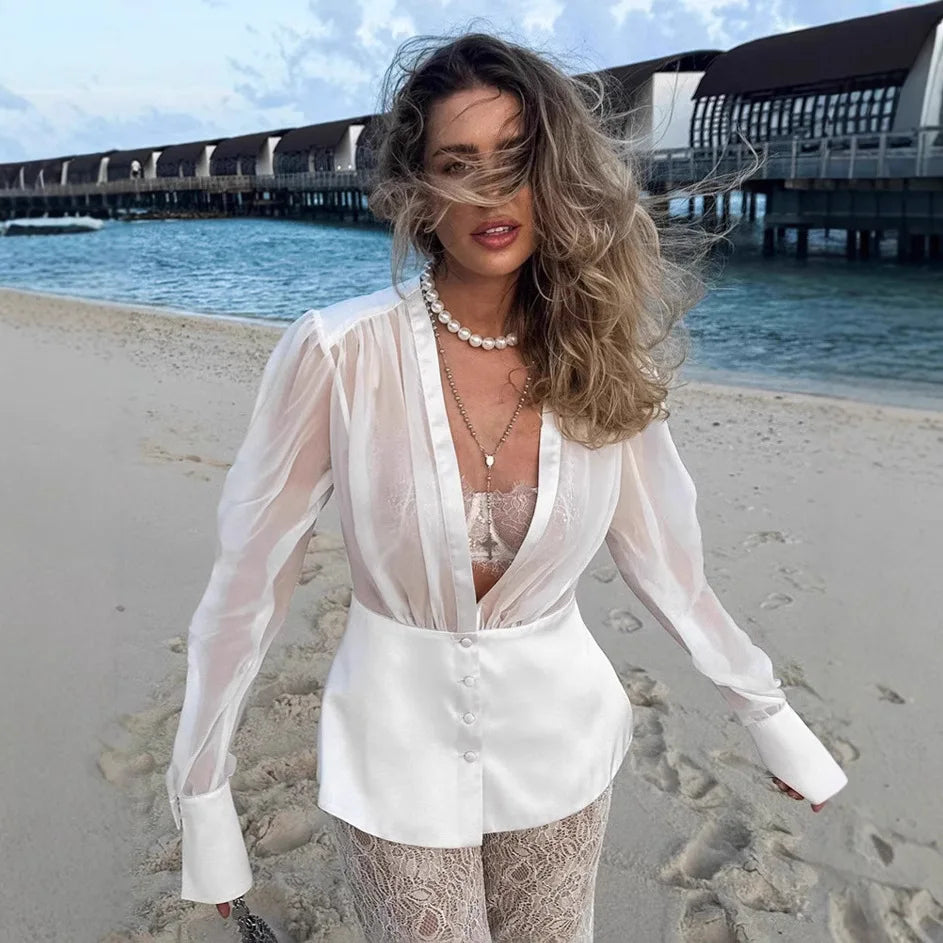 Fashion Solid Mesh Long Sleeved Backless Pleated Prom Dresses Chic Ruffle Bow Lace Up Women Mini Dresses Lady Spring Party Robe