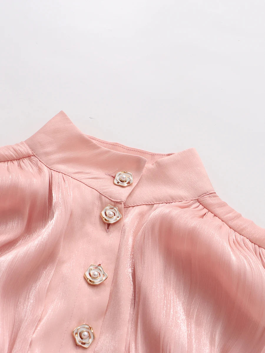 TWOTWINSTYLE Solid Spliced Ruffles Folds Elegant Dresses for Women Stand Neck Long Sleevs Tunic Temperament Dress Female Fashion