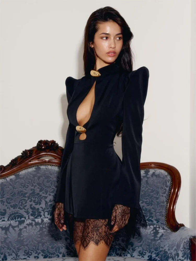 Women Black Hollow Blazer Dress Sexy Elegant Full Sleeve Shoulder Pads Cinched-waist Mini Dresses 2026 Lady Evening Dinner Wear