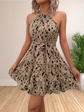 Women 2024 Summer Halter Neck Dresses Sleeveless Casual Floral Polka Dot Print Short Boho Ruffle Sundress
