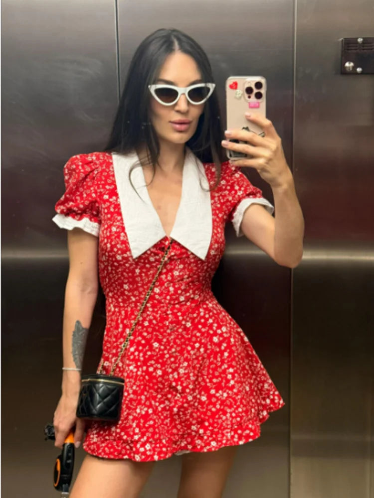 Red Floral Print Peter Pan Collar Women Summer Dress Puff Sleeve V Neck A-line Mini Dresses  2026 Lady Weekend Getaway Vestidos