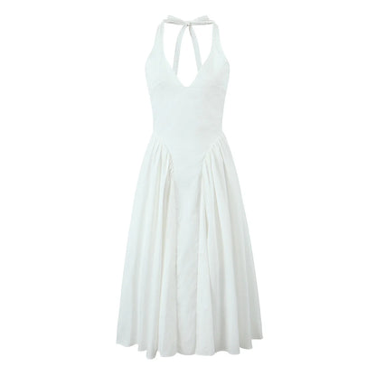 YENKYE Sexy Backless Green Elegant Halter Dress For Women Low Waist A-line Midi Summer Evening Party Dresses Cotton Robe