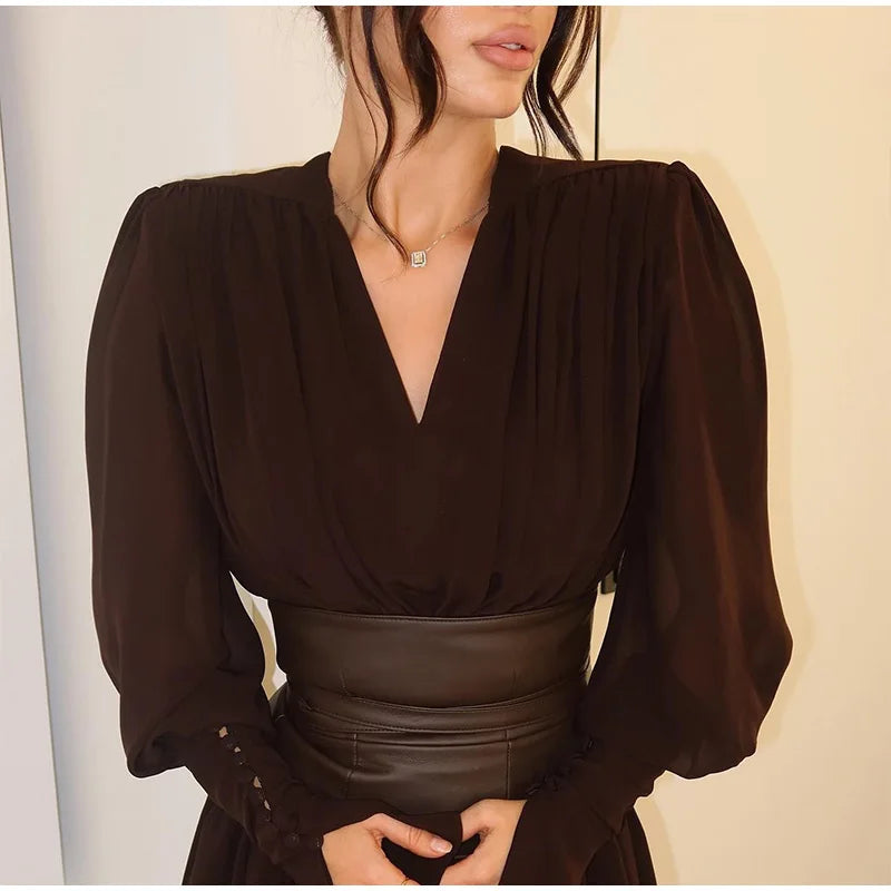 Vintage Nipped Waisted Long Sleeved A-line Dress Elegant V Neck Split Long Dresses 2024 Women Loose Vintage Party Long Dresses