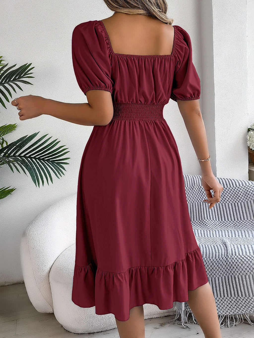 Spring Summer Elegant High Waisted Dress Square Neck Short Sleeved Ruffled Edge Long Dresses 2026 Valentine's Day Woman Clothing
