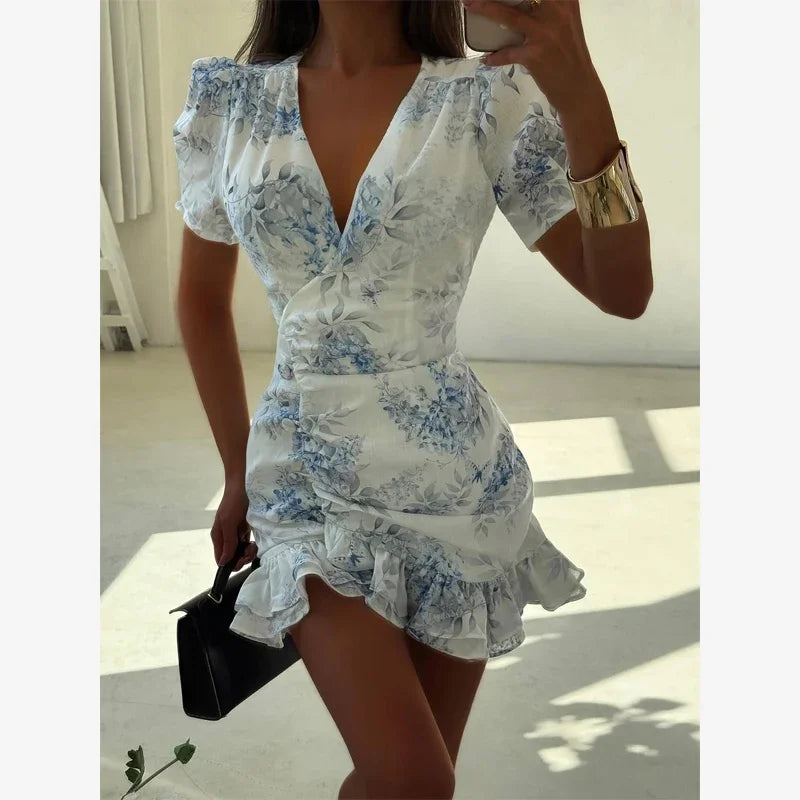Chic Ruffle Print Slim Fit Dress Women Chic Flared sleeves V-neck Pleated Short Dresses 2026 Lady Summer Casual Daily Vestidos