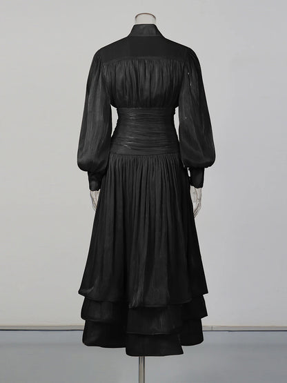TWOTWINSTYLE Solid Spliced Ruffles Folds Elegant Dresses for Women Stand Neck Long Sleevs Tunic Temperament Dress Female Fashion