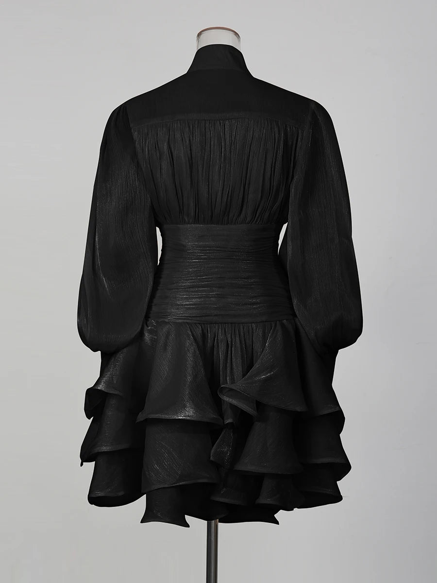 TWOTWINSTYLE Solid Spliced Ruffles Folds Elegant Dresses for Women Stand Neck Long Sleevs Tunic Temperament Dress Female Fashion