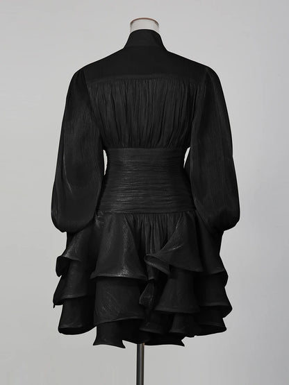 TWOTWINSTYLE Solid Spliced Ruffles Folds Elegant Dresses for Women Stand Neck Long Sleevs Tunic Temperament Dress Female Fashion