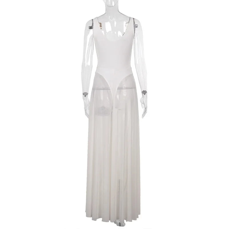 DGLUKE Transparent Mesh Maxi Dress With Bodysuit Plunging Backless Long Summer Dress Women Sexy Beach Party Dresses