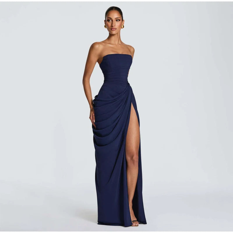 Yellow Strapless Pleated Women Split Maxi Dress Elegant Sleeveless Waist Cinching Slim Fit Dresses 2026 Lady Daily Party Gowns