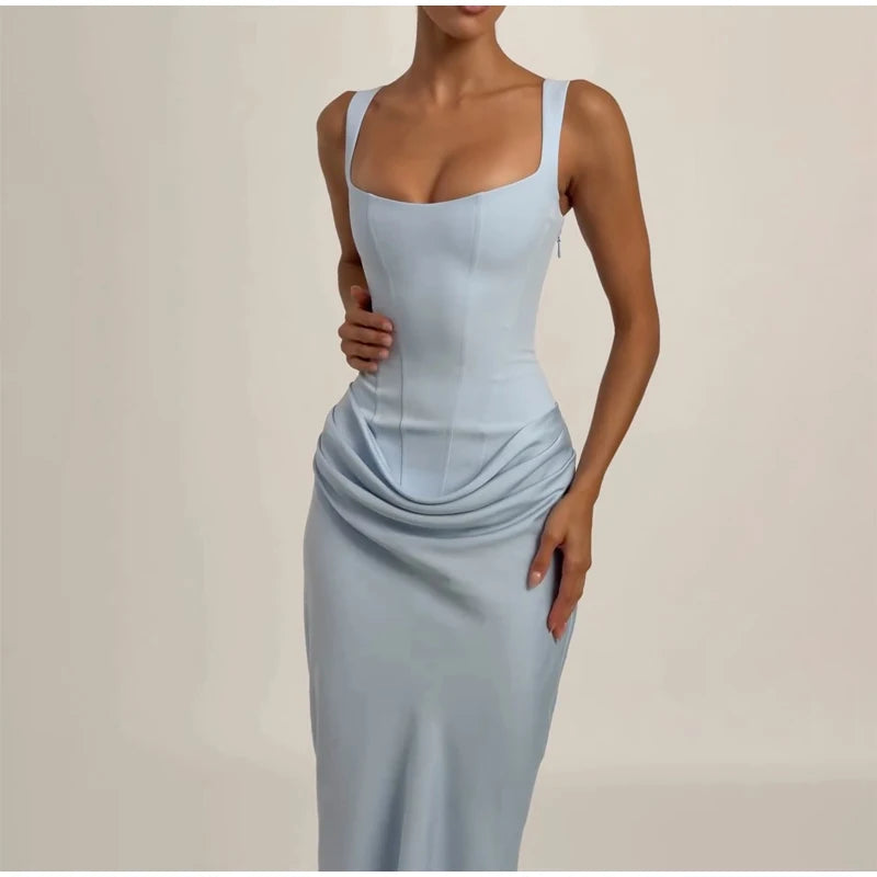 Yellow Strapless Pleated Women Split Maxi Dress Elegant Sleeveless Waist Cinching Slim Fit Dresses 2026 Lady Daily Party Gowns