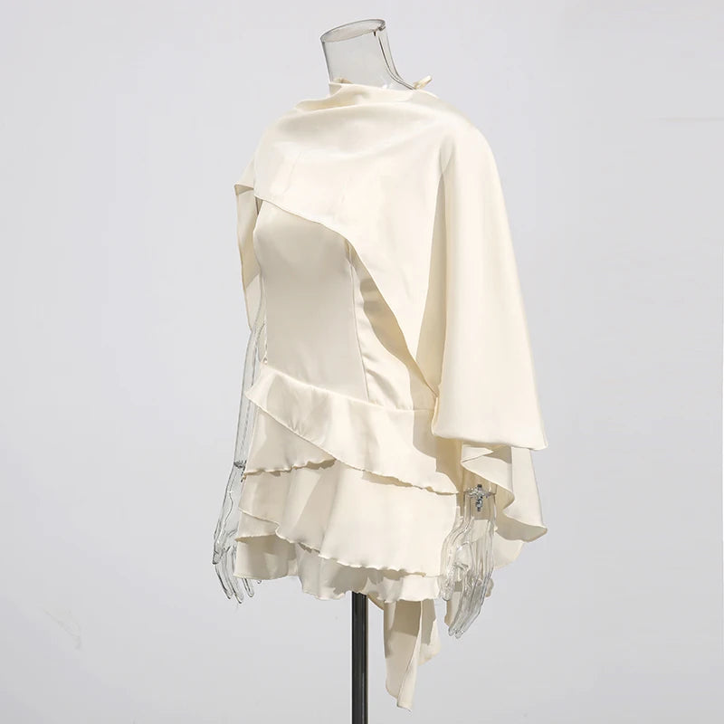 TWOTWINSTYLE Spliced Ruffles Slimming Dresses for Women Strapless Sleeveless High Waist Dress Patchwork Shawl Dress Female