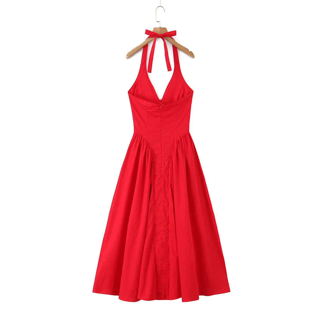 YENKYE Sexy Backless Green Elegant Halter Dress For Women Low Waist A-line Midi Summer Evening Party Dresses Cotton Robe