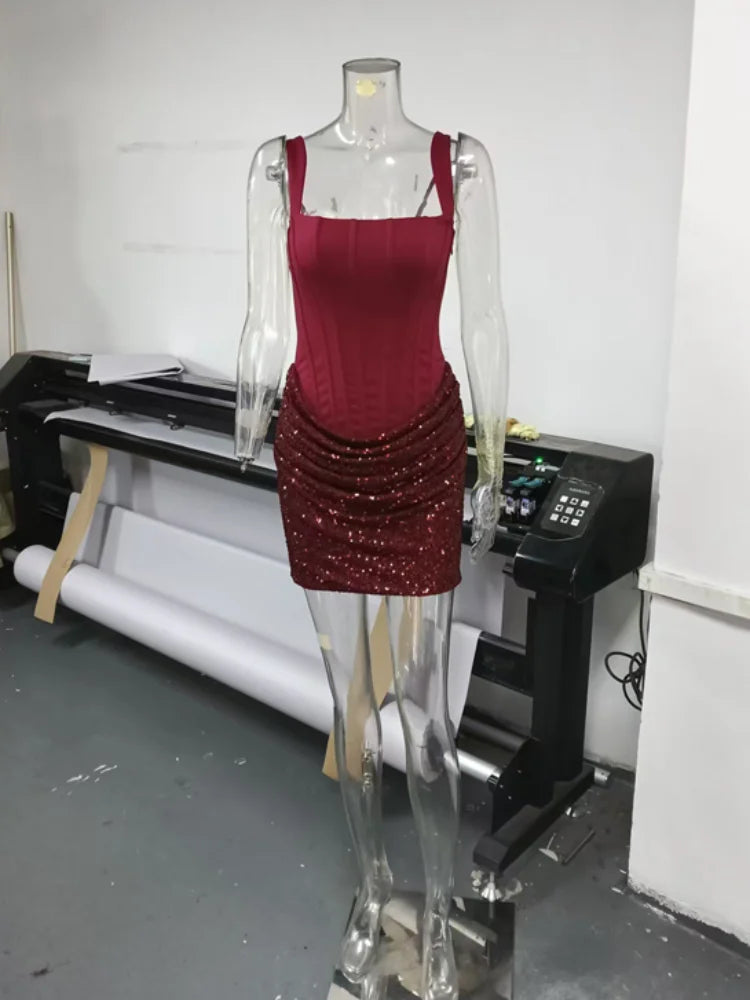 Sexy Square-neck Halter Mini Dress Women Pleated Sleeveless Backless High Waist Bodycon Dresses 2026 New Summer Lady Party Robe