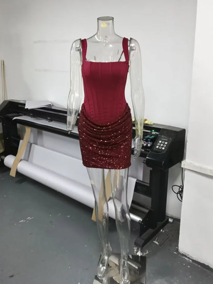 Sexy Square-neck Halter Mini Dress Women Pleated Sleeveless Backless High Waist Bodycon Dresses 2026 New Summer Lady Party Robe