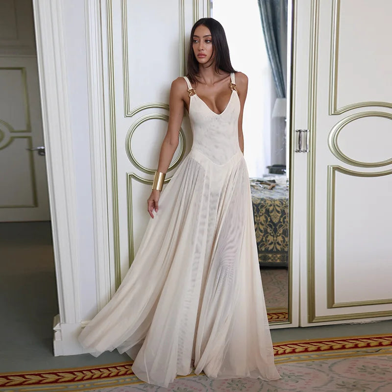 DGLUKE Transparent Mesh Maxi Dress With Bodysuit Plunging Backless Long Summer Dress Women Sexy Beach Party Dresses