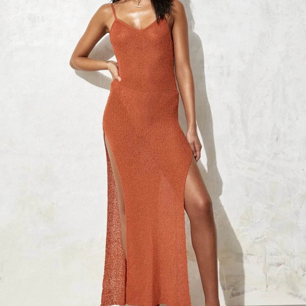 Cryptographic Elegant Knitted Slit Long Dress Outfits for Women Summer Beachwear Holiday Sleeveless Backless Dresses See Through